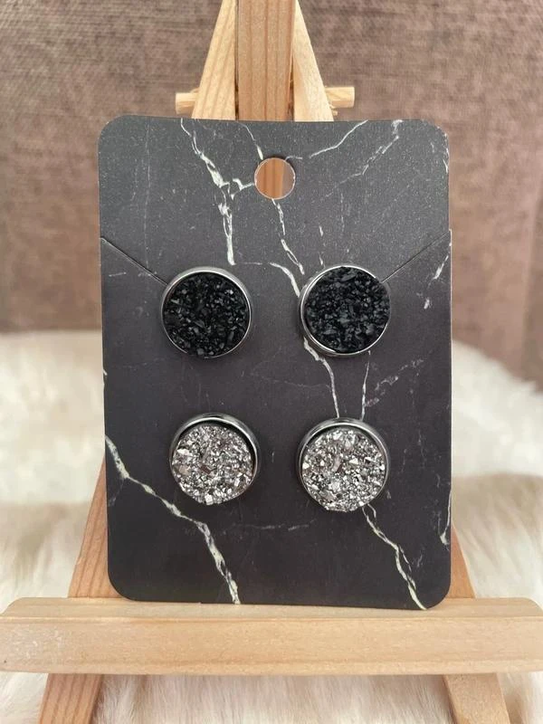 Lote de 2 pares de brincos estilo druzy preto e prateado – photo 2